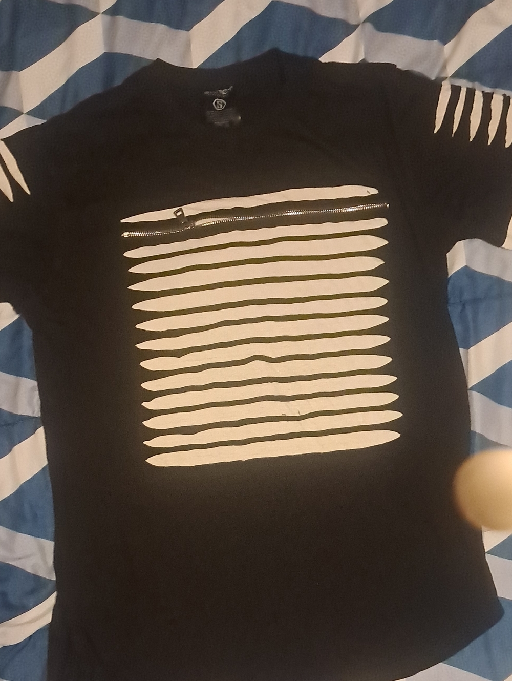 Black Short Sleeve Graphic Tee with White Stripe Print